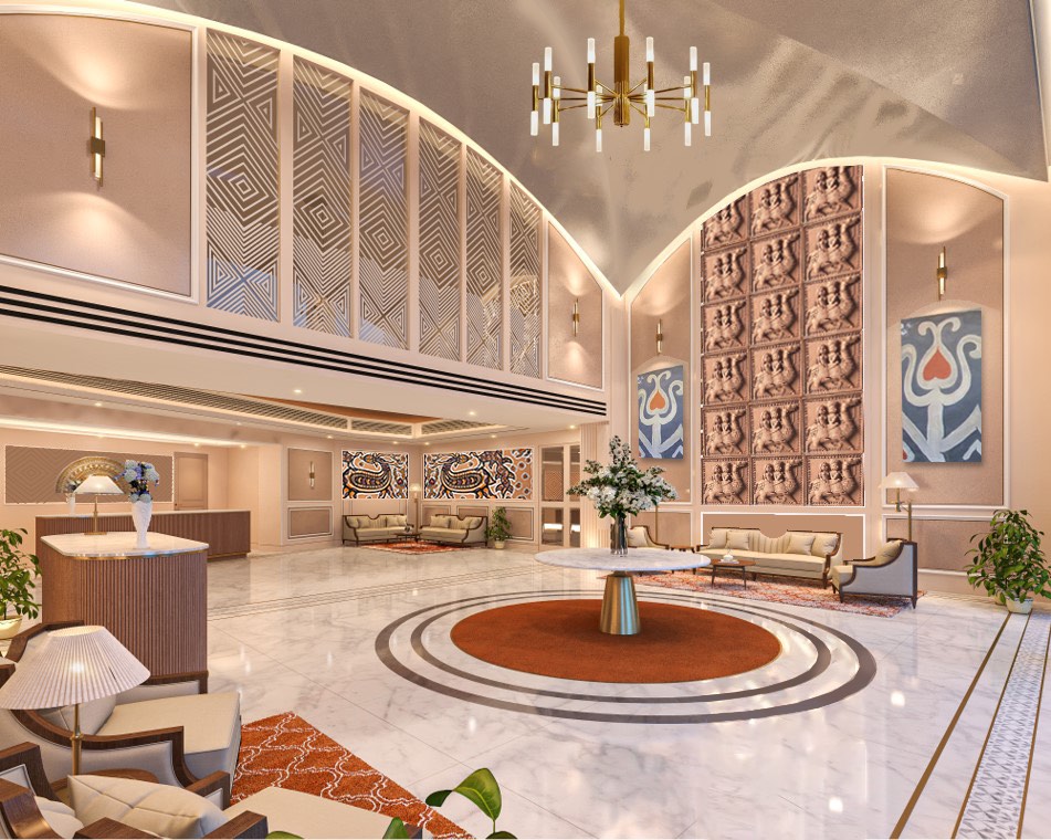 Render of a hotel lobby with an arched ceiling, patterned terracotta wall panels and a circular floor inlay