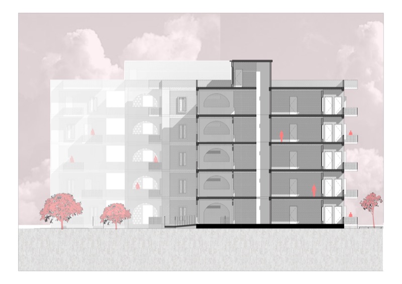 Section drawing through a five-storey housing block