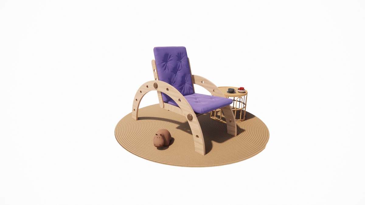 Render of a plywood armchair with a purple cushion standing on a round rug