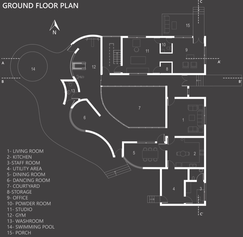 Ground floor plan, rectilinear rooms at one end and curved walls at the other