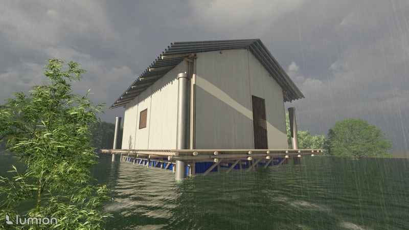 Render of a small pitched-roof house floating on flood water in the rain
