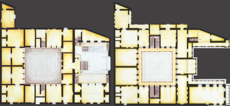 Two hand-coloured floor plans around a central courtyard