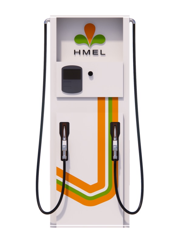 Render of a fuel dispenser with an orange and green stripe