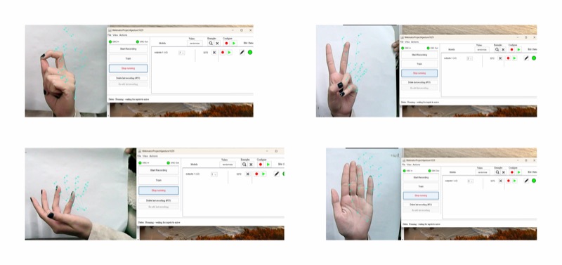Four screenshots of a hand gesture beside tracking software