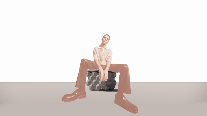 Render of a person sitting on a low stool made of hexagonal blocks