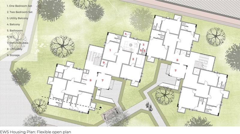 Numbered floor plan of the family housing block set among trees