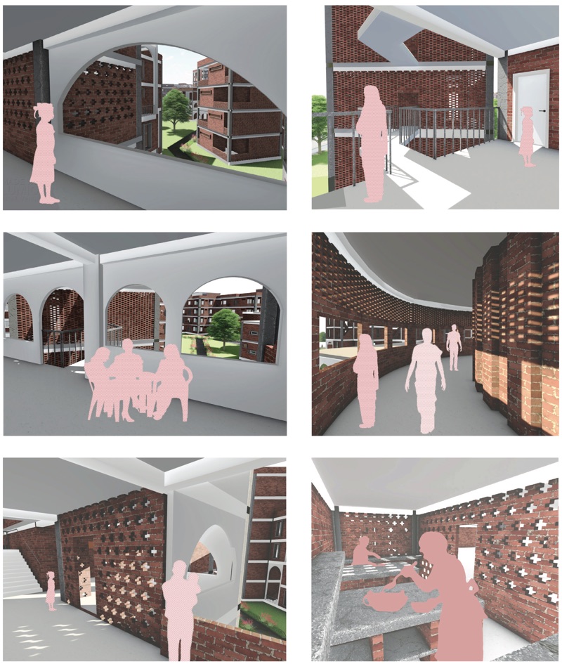 Six interior views with brick jali walls and arched openings