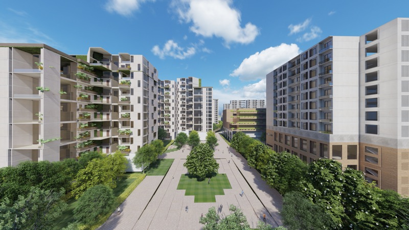 Render of a planted pedestrian street between mid-rise buildings